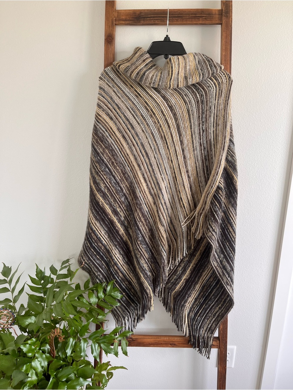 Cozy Striped Fringe Poncho - Neutral Brown and Cream